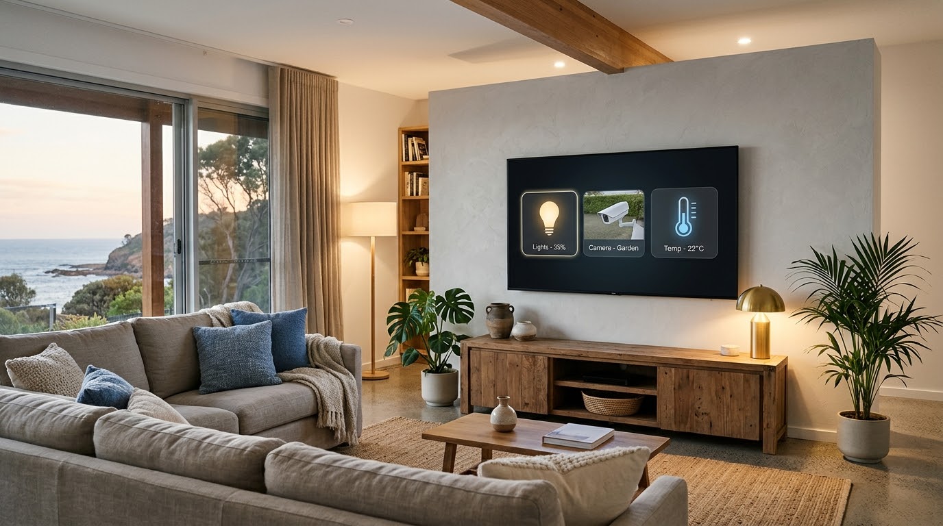 TV smart home integration: wall-mounted TV showing smart home controls in a Northern Beaches living room