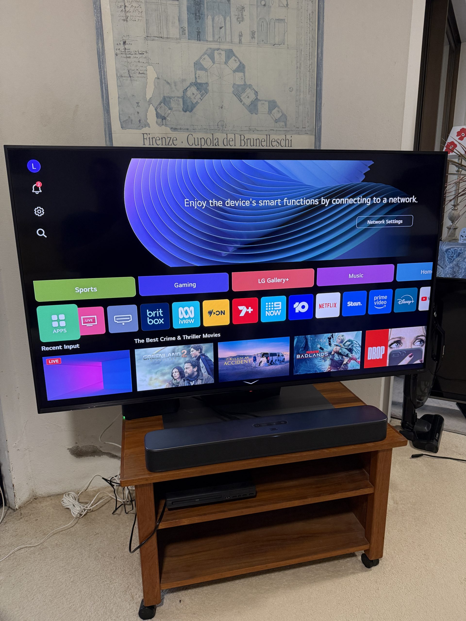 LG 50 inch smart TV set up in Avalon on the Northern Beaches showing streaming apps including Netflix Stan and ABC iview