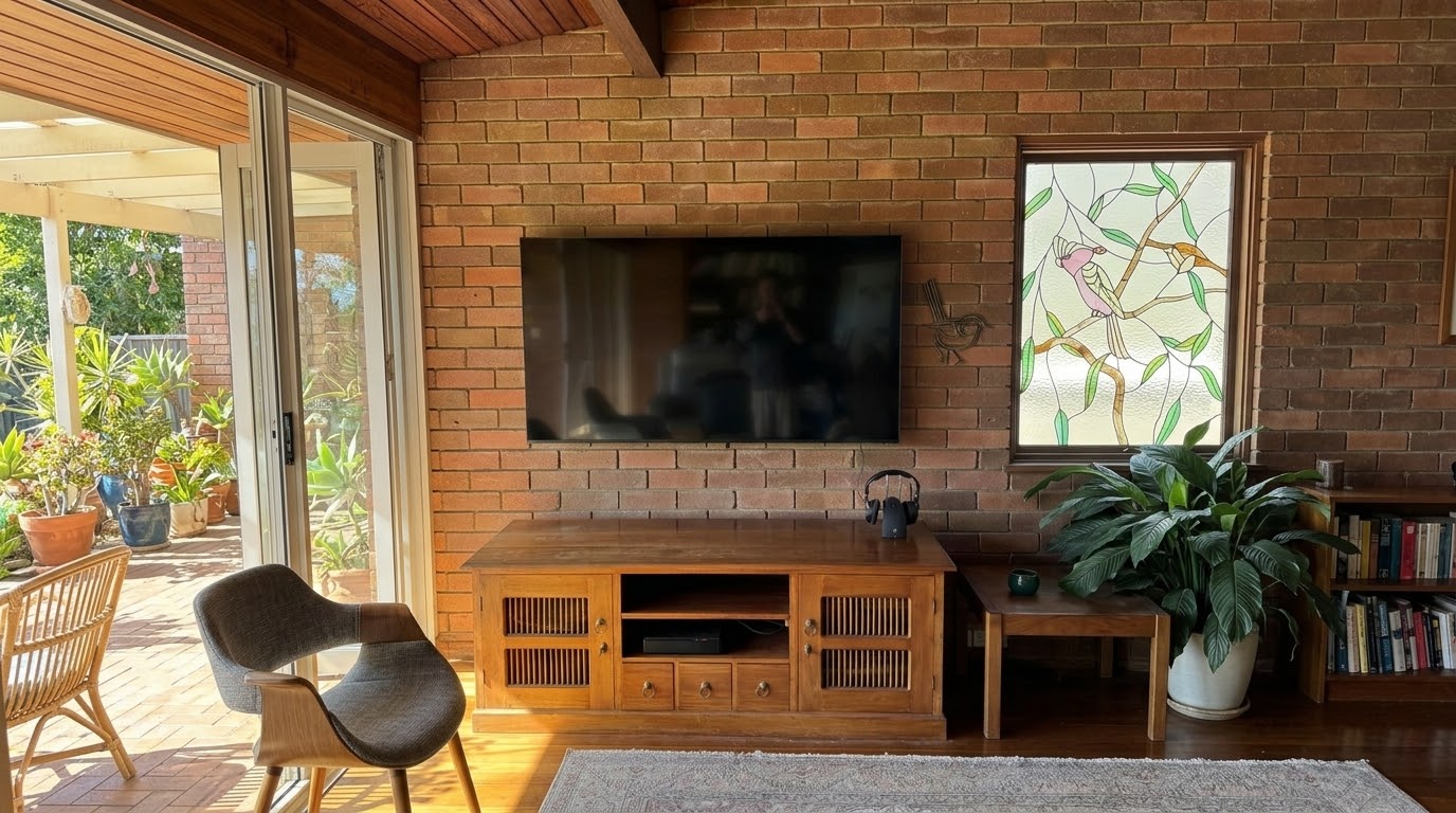 LG 65-inch TV wall mounted in Killarney Heights, Northern Beaches, with cables hidden in the wall cavity