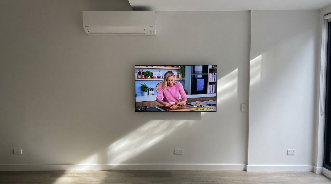 55-inch LG TV wall mount in a Brookvale apartment, Northern Beaches, on a flat bracket below a split-system air conditioner