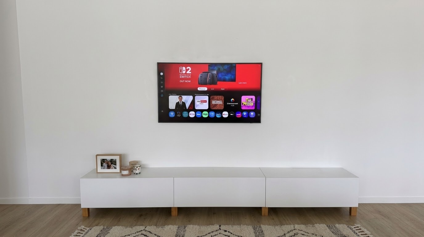 55-inch Samsung Frame TV wall mount in Beacon Hill, Northern Beaches, with the One Connect cable hidden in the wall above a long white cabinet