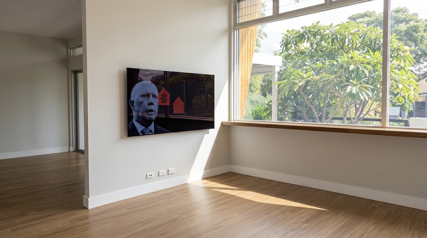 65-inch Samsung TV wall mounted in an empty new build living room in Castle Cove, North Shore, set at the right TV mounting height before the furniture arrived