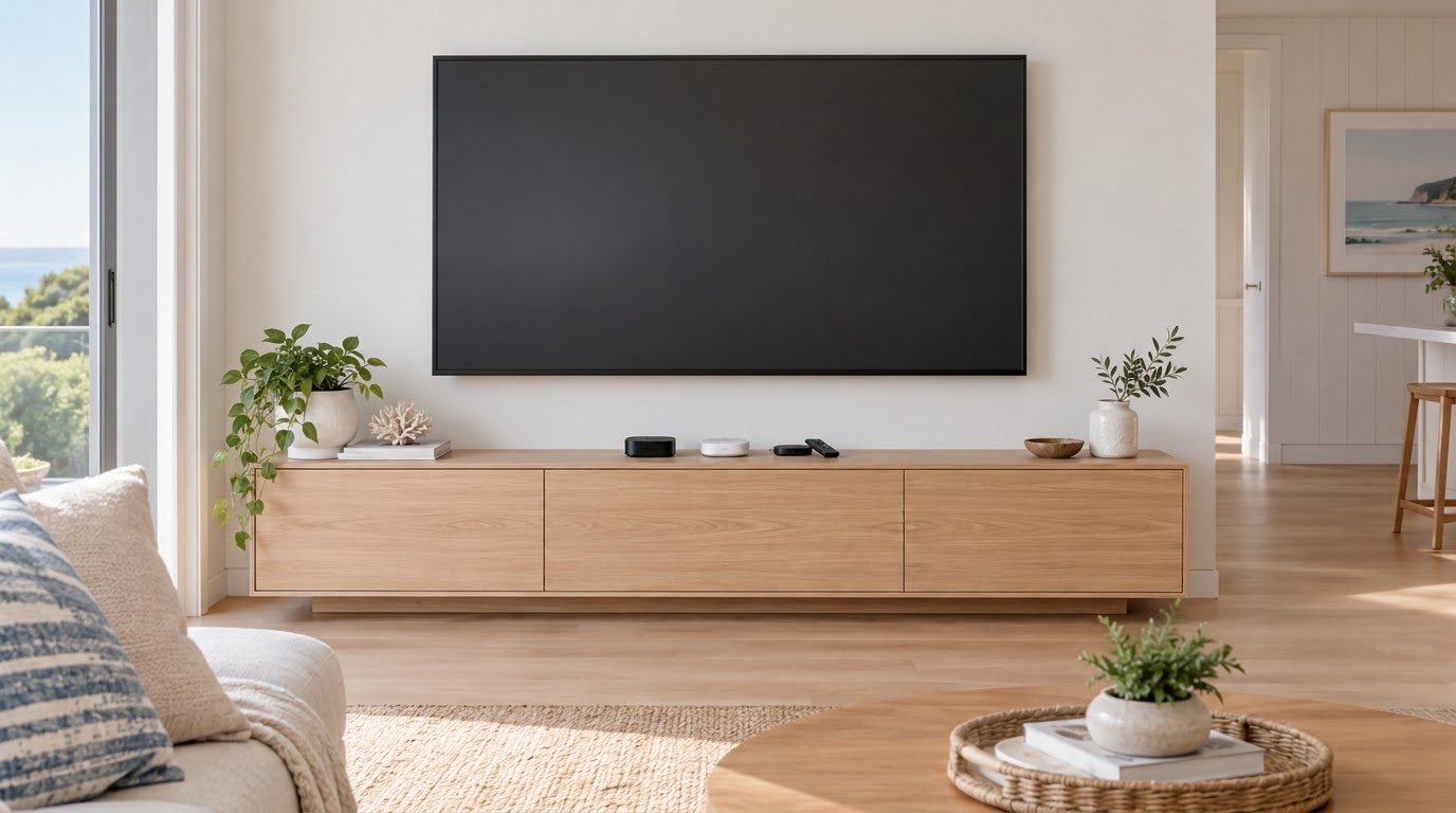 Three streaming devices on a TV cabinet below a wall-mounted TV in a Northern Beaches living room