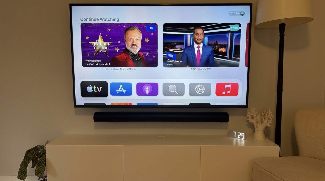 When I set up TVs across the Northern Beaches and North Shore, one question comes up all the time. Is an Apple TV worth it, or are the apps built into a new smart TV good enough? That means Samsung's Tizen, LG's webOS or the Google TV built into a Sony. Built-in apps have improved a lot over the years. Even so, a dedicated box still tends to win in a few areas that matter: speed, sound and how well it holds up over time. Apple TV vs Smart TV Apps: Speed and Menus The first thing you notice with an Apple TV is the speed. TV makers put most of their effort into the screen. So even on a premium 4K TV, the chip running the apps and menus is often fairly modest. That's why a new TV can feel snappy out of the box, then start to lag after a year or two of app updates. An Apple TV runs on the same type of chip Apple uses in its iPhones. The new Apple TV 4K, for example, has an 🟢[A19 chip]. As a result, the menus tend to stay smooth and apps open quickly for much longer. Picture and Sound for North Shore Home Theatre Setups Picture quality is closer than most people think. Both an Apple TV and a good smart TV can stream in 4K with HDR. One difference is that Samsung TVs don't support Dolby Vision. They use HDR10+ instead. An Apple TV supports both, so it works with either kind of TV. Sound is where things can differ more. Some built-in apps, especially on older or budget TVs, don't pass surround sound like Dolby Atmos to a soundbar as smoothly. An Apple TV tends to handle these formats more consistently. Keep in mind the sound still passes through the TV to the soundbar, so the TV's 🟢[eARC port] matters too. Newer flagship TVs often handle this fine on their own. One Remote, Every TV in the House If you've got different TV brands around the house, each one has its own menus and remote. For example, you might have an LG in the lounge, a Samsung in the bedroom and a Hisense in the rumpus room. Putting an Apple TV on each screen gives every room the same menus and the same remote. So anyone in the house can pick up a remote and know how to use it straight away. The Apple TV remote can usually turn the TV on and off and change the volume too. When Your TV's Built-In Apps Are Enough Is an Apple TV worth it if your TV is brand new? Not always. If you mainly watch free-to-air plus one or two apps, the built-in apps will often do the job. The same goes if you have a Foxtel iQ4 or iQ5. It already has most of the streaming apps people want, and it's fast and responsive. Apple TV or Google TV Streamer? If you do add a box, the right one usually depends on your phone. An Apple TV suits a home with iPhones and iPads. A Google TV Streamer is a good fit if you use Android or Google Home. The current models of both have an Ethernet port, so they can plug straight into the modem if the wifi is patchy. If your TV is already struggling, I've also written about 🟢[fixing a slow smart TV] with a streaming box. Is an Apple TV Worth It for Your Northern Beaches Home? So, is an Apple TV worth it? If you're dealing with slow menus, crashing apps or patchy sound through a soundbar, it's a simple upgrade that fixes most of it. If your TV is new and does everything you need, you may not need one yet. Either way, I'm happy to give you an honest opinion. I can set up the box, connect your soundbar and sign you into your apps. Get in touch through the 🟢[contact page] or send a message to book.