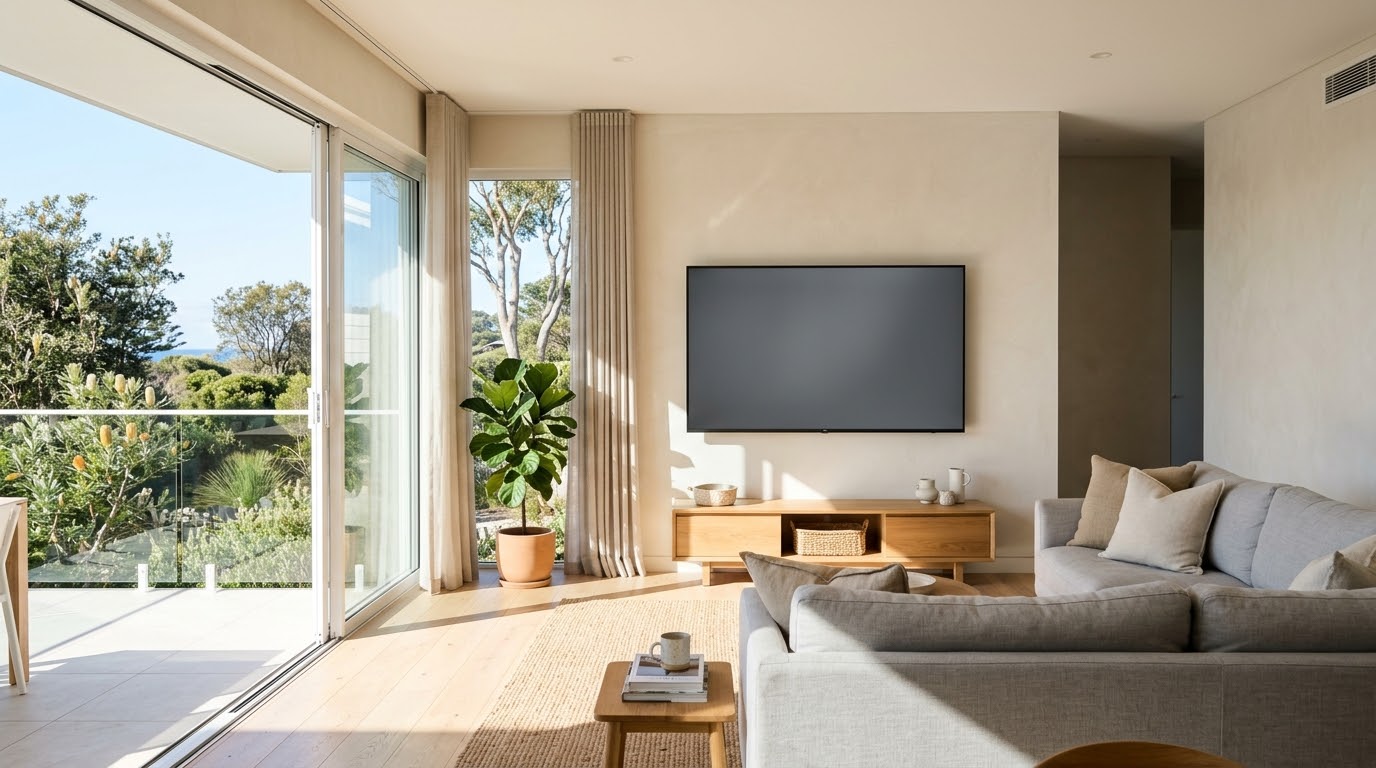 Sun-filled living room on the Northern Beaches with a wall-mounted TV facing floor-to-ceiling windows