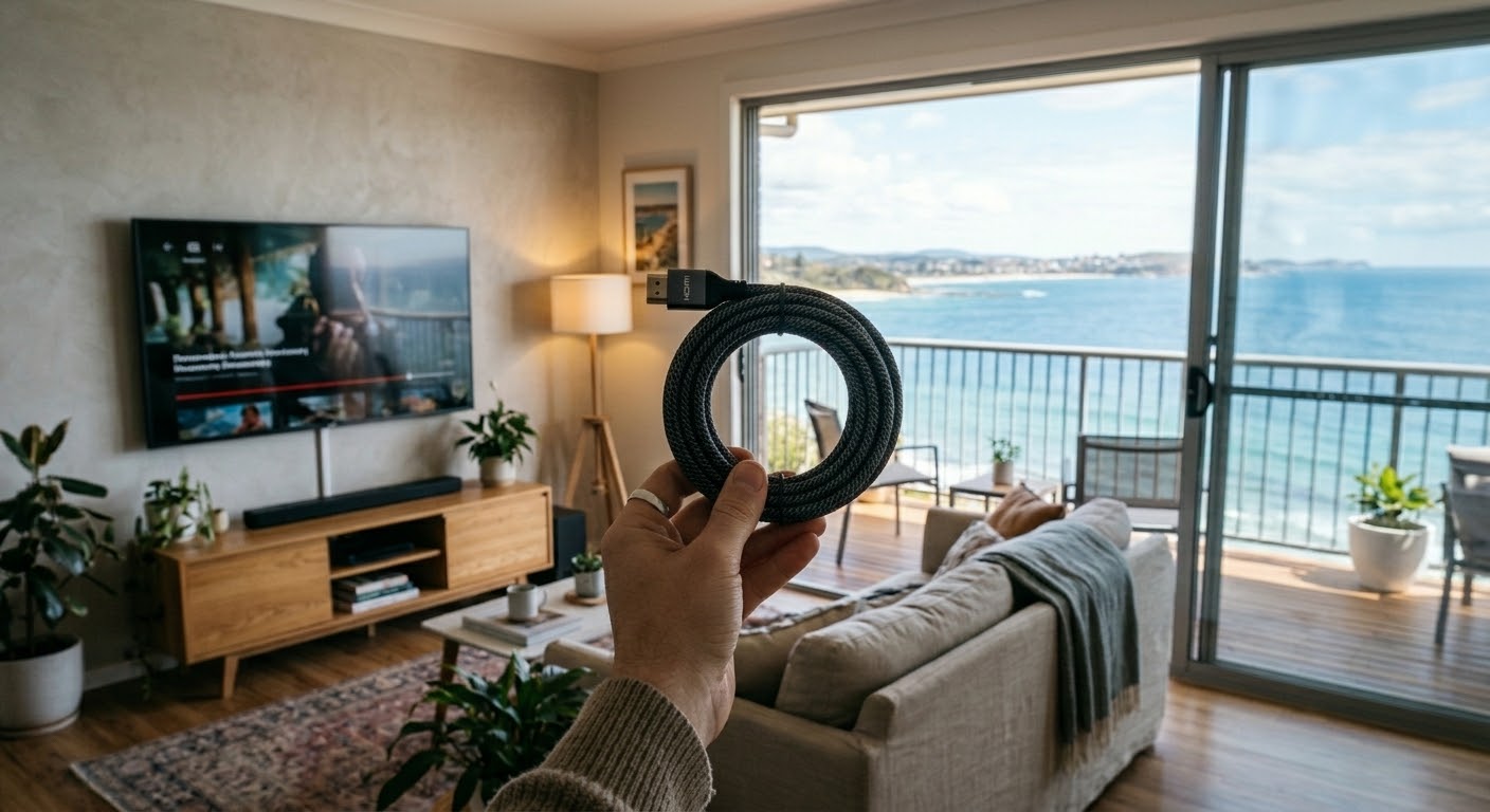 Expensive HDMI cables: braided HDMI cable held up in a coastal Northern Beaches living room