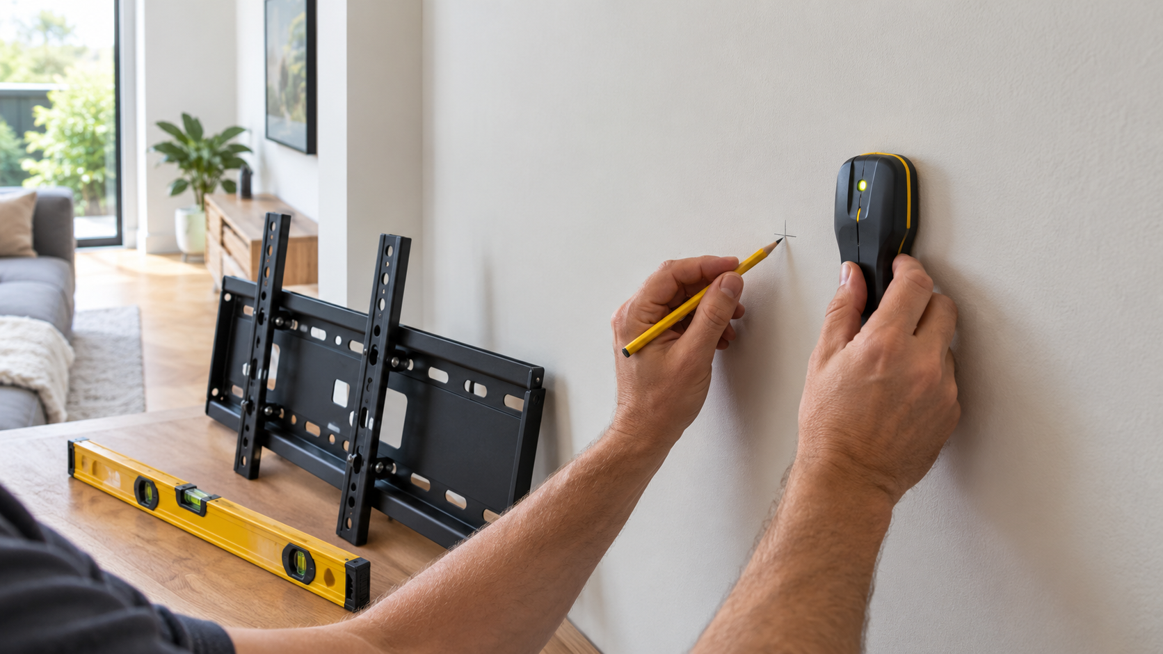 Marking the wall with a stud finder and pencil before DIY TV wall mounting, with a TV bracket and spirit level ready