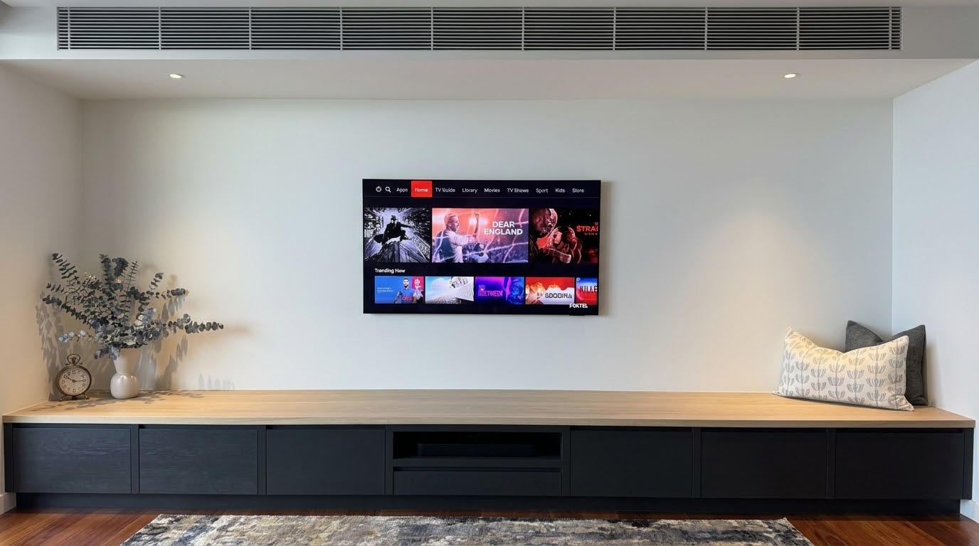 TV wall mounted above a long black cabinet with a Foxtel iQ4 or iQ5 box, showing you don't need a smart TV upgrade