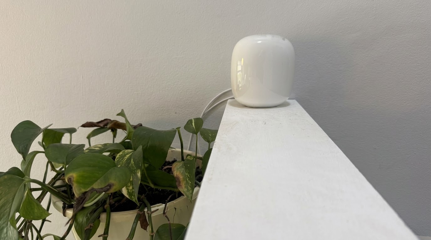 Nest Wifi Pro mesh point on a white shelf beside a pot plant, placed to fix wifi dropouts to the TV