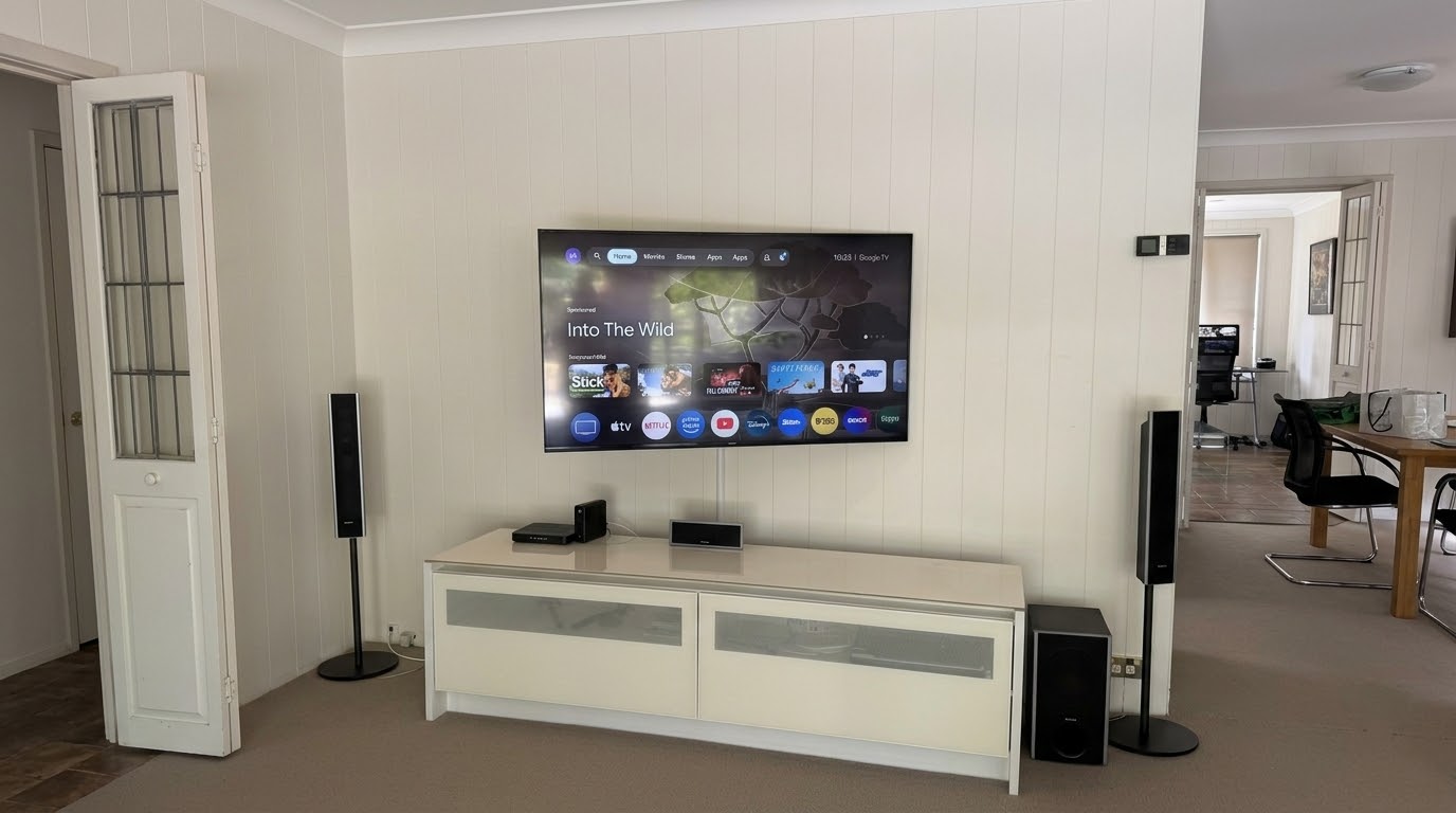 55-inch Sony TV wall mount in Cromer, Northern Beaches, on a swivel bracket above a white cabinet with cables in conduit