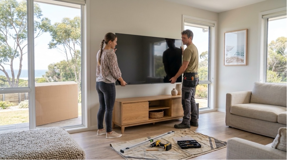 Living room cleared and ready before your TV installer arrives, with a TV being lifted onto a wall bracket above a timber cabinet