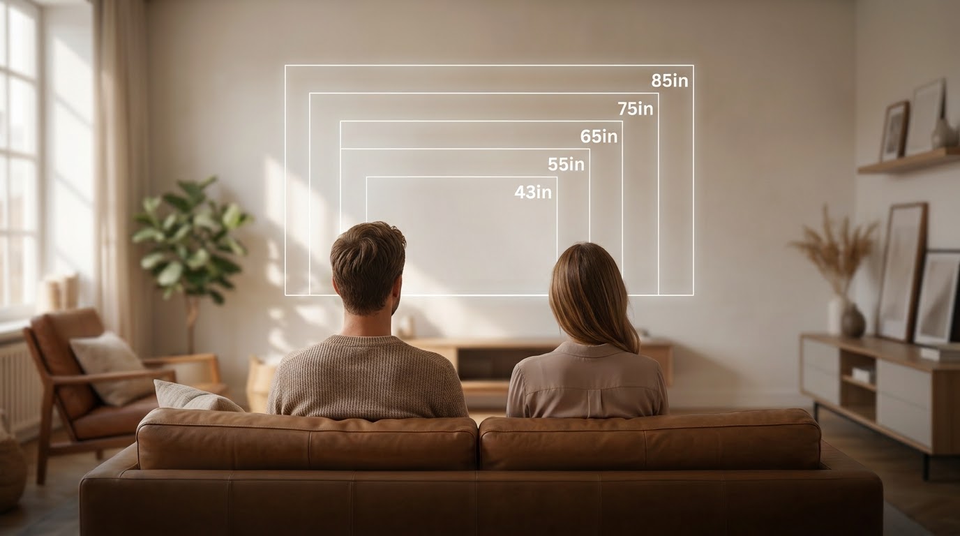 TV size comparison chart showing 43 to 85 inch screens from a couch viewing distance